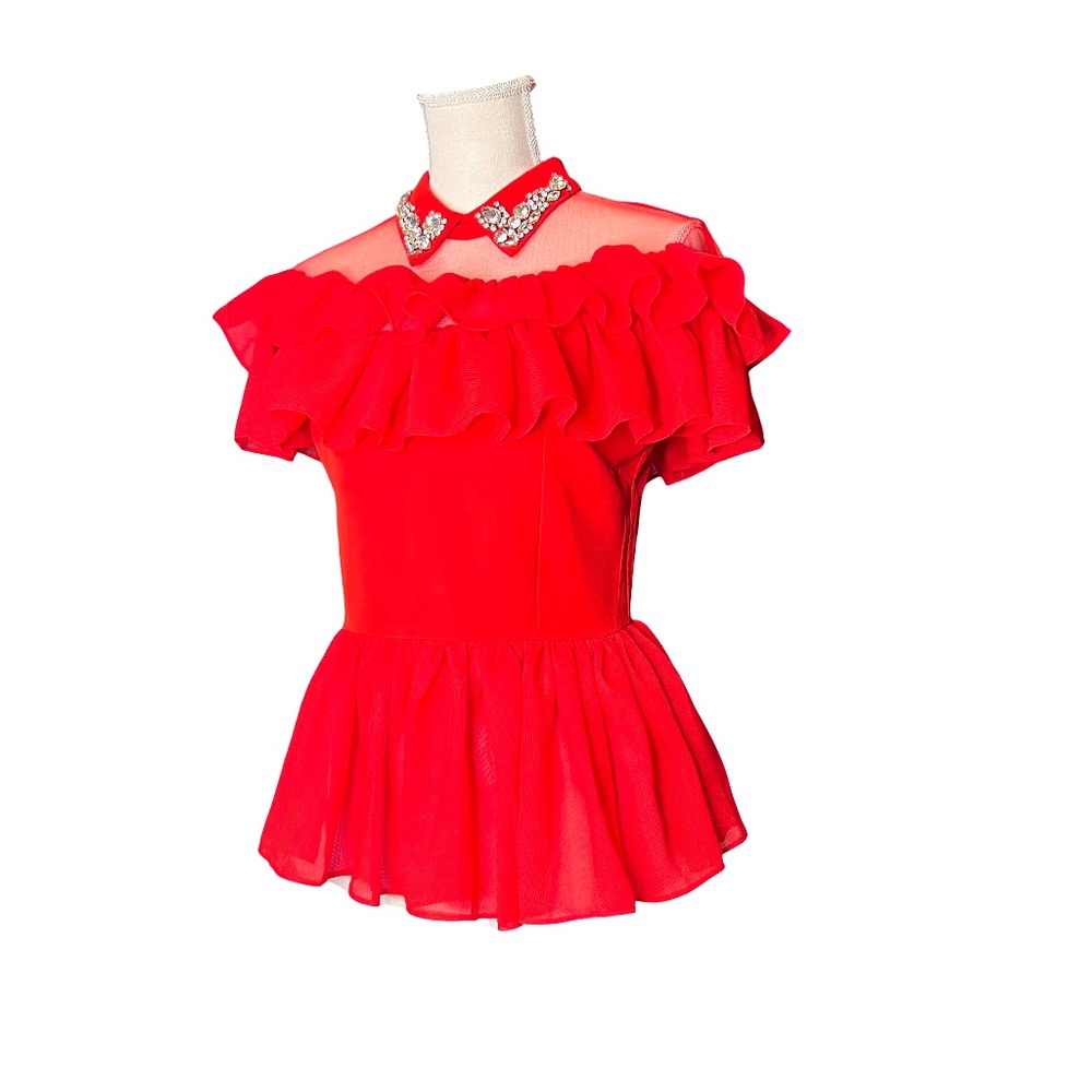 # A148 Gracia Modern Glam Red Ruffle Sheer Embellished Collar Top NWT S